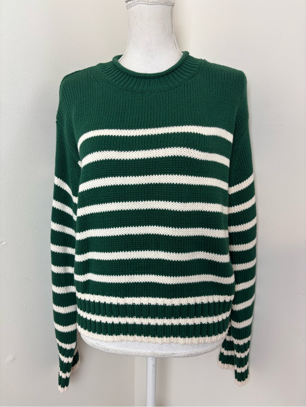 J.Crew Heritage Cotton Rollneck sweater with green and white stripes Size Small - Picture 2 of 7